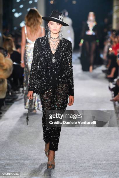 Model walks the runway at the Dolce & Gabbana show during Milan Fashion Week Fall/Winter 2018/19 on February 24, 2018 in Milan, Italy.