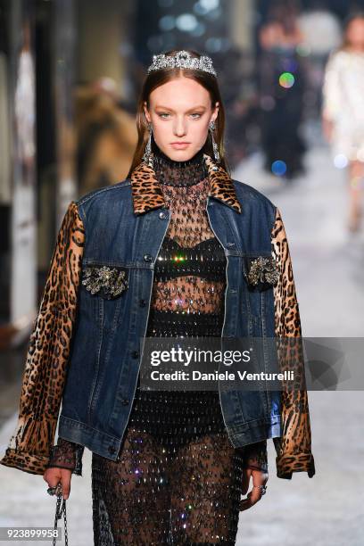 Model walks the runway at the Dolce & Gabbana show during Milan Fashion Week Fall/Winter 2018/19 on February 24, 2018 in Milan, Italy.