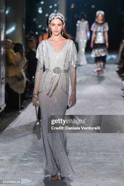 Model walks the runway at the Dolce & Gabbana show during Milan Fashion Week Fall/Winter 2018/19 on February 24, 2018 in Milan, Italy.