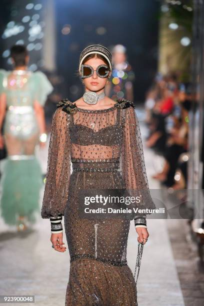 Model walks the runway at the Dolce & Gabbana show during Milan Fashion Week Fall/Winter 2018/19 on February 24, 2018 in Milan, Italy.