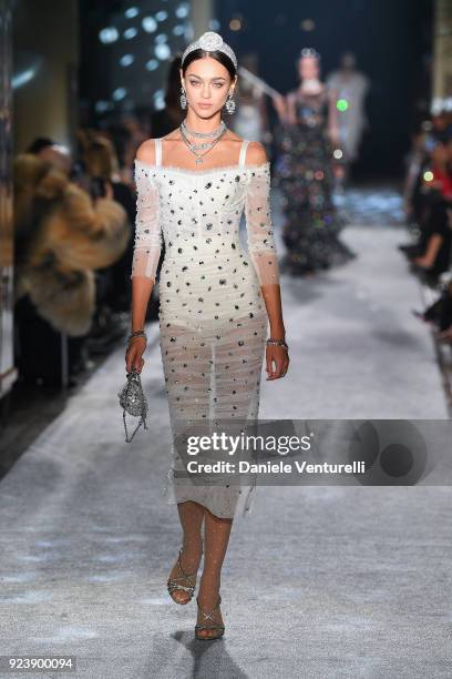 Zhenya Katava walks the runway at the Dolce & Gabbana show during Milan Fashion Week Fall/Winter 2018/19 on February 24, 2018 in Milan, Italy.