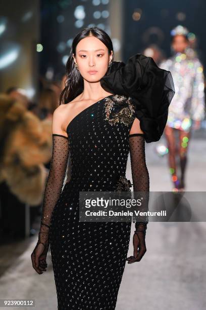 Model walks the runway at the Dolce & Gabbana show during Milan Fashion Week Fall/Winter 2018/19 on February 24, 2018 in Milan, Italy.