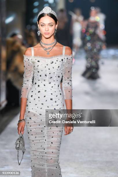 Zhenya Katava walks the runway at the Dolce & Gabbana show during Milan Fashion Week Fall/Winter 2018/19 on February 24, 2018 in Milan, Italy.