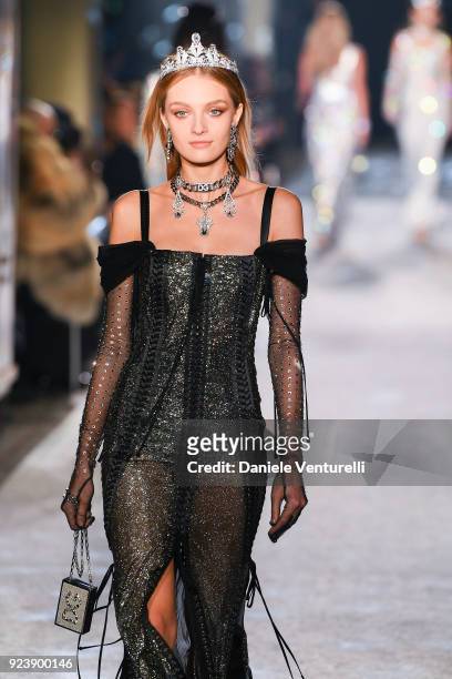 Model walks the runway at the Dolce & Gabbana show during Milan Fashion Week Fall/Winter 2018/19 on February 24, 2018 in Milan, Italy.