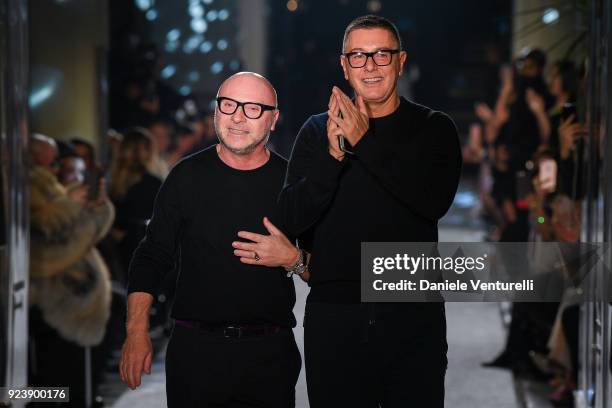 Designer Domenico Dolce and Stefano Gabbana walk the runway at the Dolce & Gabbana show during Milan Fashion Week Fall/Winter 2018/19 on February 24,...