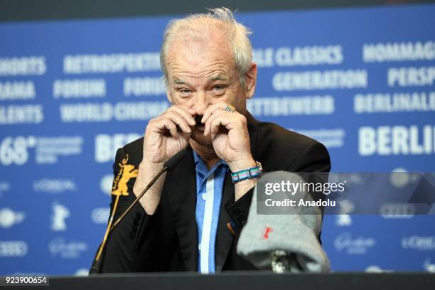 Actor Bill Murray addresses a news conference after received a Silver Bear on behalf of Wes Anderson for the best director during the 68th edition of...