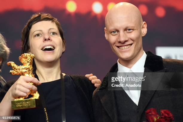 Director and screenwriter Adina Pintilie holds the golden bear for the best movie for her film 'Touch me not' with Actor Tomas Lemarquis at a news...