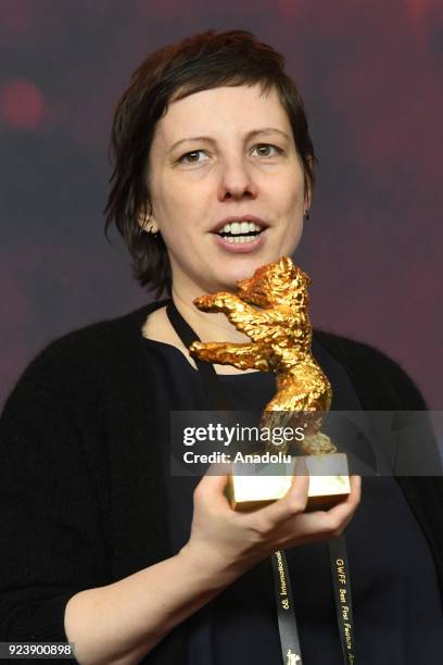 Director and screenwriter Adina Pintilie holds the golden bear for the best movie for her film 'Touch me not' at a news conference during the 68th...