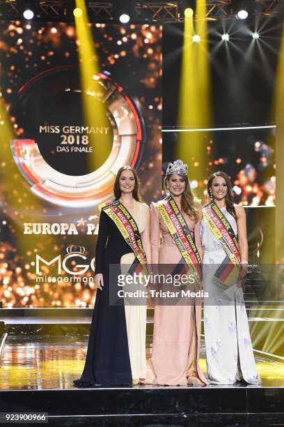 Sarah Zahn , Miss Germany 2018 winner Anahita Rehbein and Alena Krempl attend the Miss Germany Contest Final 2018 on February 25, 2018 in Rust,...