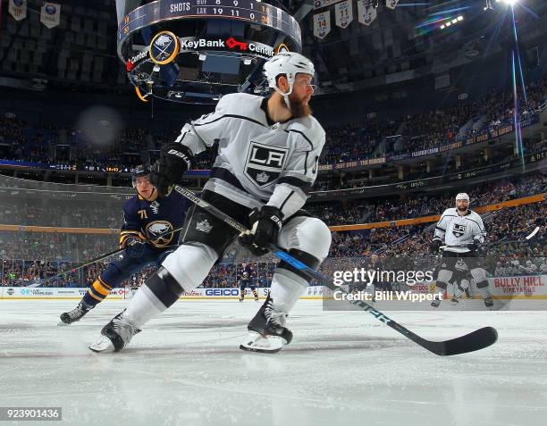 Jake Muzzin of the Los Angeles Kings skates during an NHL game against the Los Angeles Kings on February 17, 2018 at KeyBank Center in Buffalo, New...