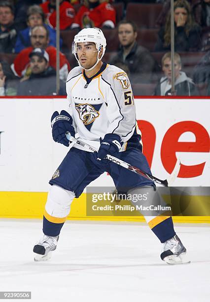 Francis Bouillon of the Nashville Predators skates against the Ottawa Senators during a game at Scotiabank Place on October 22, 2009 in Ottawa,...