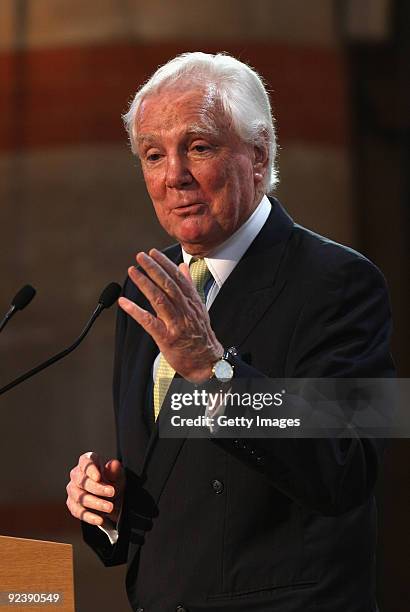 Sir Tony O'Reilly, the former Ireland and Lions international addresses the audience during the IRB Hall of Fame Induction ceremony held at Rugby...