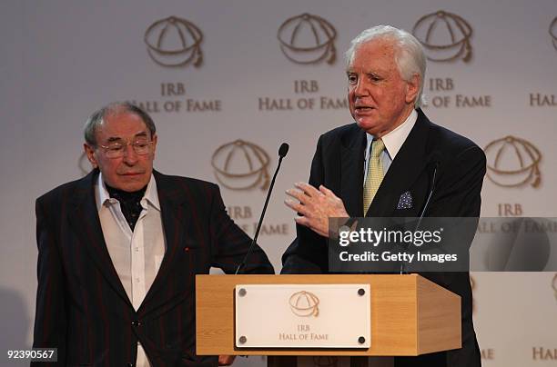 Sir Tony O'Reilly, the former Ireland and Lions international addresses the audience watched by Cliff Morgan the former Wales and Lions international...