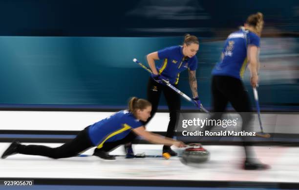 Sara McManus of Sweden throws a stone during the Women's Gold Medal Game between Sweden and Korea on day sixteen of the PyeongChang 2018 Winter...