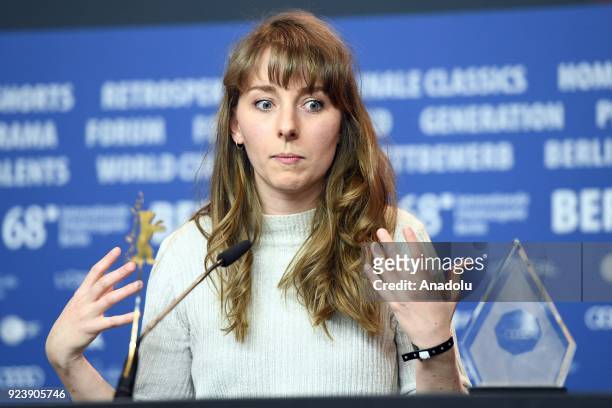 Director Reka Busci, winner of the Audi Short Film Award for 'Solar Walk' speaks at a press conference of the Closing and Awards Ceremony of the 68th...