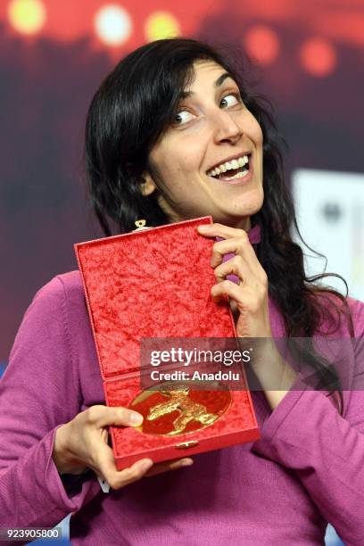 Director Ines Moldavsky, winner of the Golden Bear for Best Short Film for the movie 'The Men Behind the Walls' speaks at a press conference after...