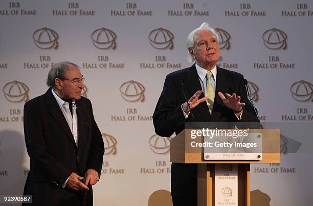 Sir Tony O'Reilly, the former Ireland and Lions international addresses the audience watched by Cliff Morgan the former Wales and Lions international...