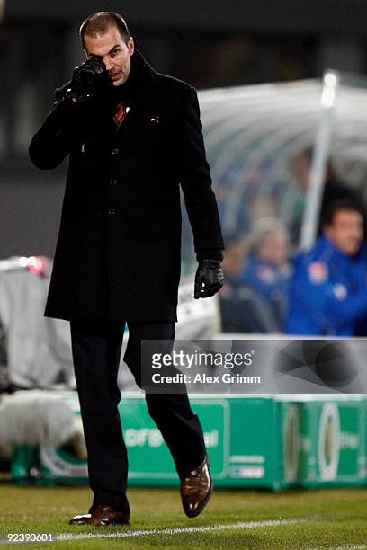 Head coach Markus Babbel of Stuttgart reacts during the DFB Cup match between SpVgg Greuther Fuerth and VfB Stuttgart at the Playmobil stadium on...