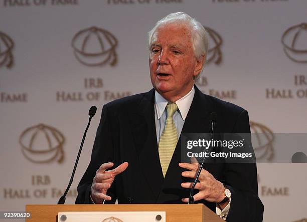 Sir Tony O'Reilly, the former Ireland and Lions international addresses the audience during the IRB Hall of Fame Induction ceremony held at Rugby...