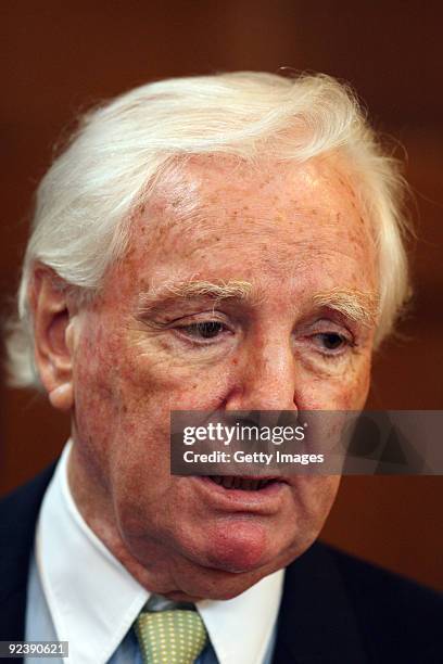 Sir Tony O'Reilly, the former Ireland and Lions international looks on during the IRB Hall of Fame Induction ceremony held at Rugby School on October...