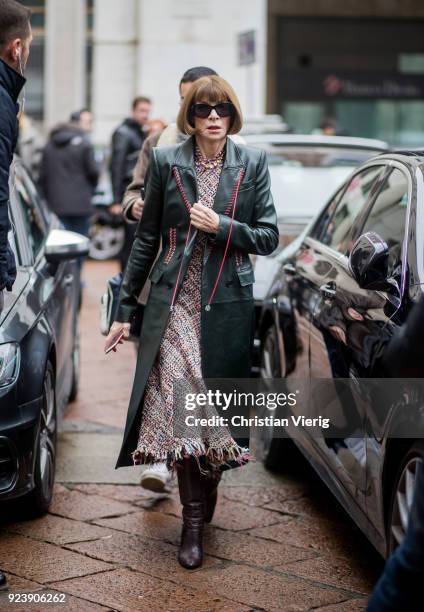 Anna Wintour seen outside Salvatore Ferragamo during Milan Fashion Week Fall/Winter 2018/19 on February 24, 2018 in Milan, Italy.