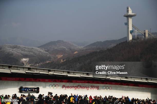 Brad Hall, Nick Gleeson, Joel Fearon and Greg Cackett of Great Britain make a run during the 4-man Boblseigh Heats on day sixteen of the PyeongChang...
