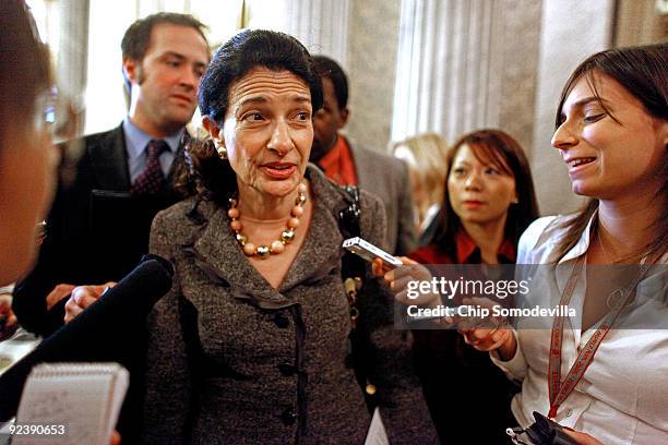 Sen. Olympia Snowe talks with reporters after a weekly Republican policy luncheon in the U.S. Capitol October 27, 2009 in Washington, DC. Yesterday...