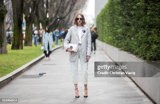 Candela Novembre seen outside Armani during Milan Fashion Week Fall/Winter 2018/19 on February 24, 2018 in Milan, Italy.