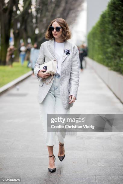 Candela Novembre seen outside Armani during Milan Fashion Week Fall/Winter 2018/19 on February 24, 2018 in Milan, Italy.