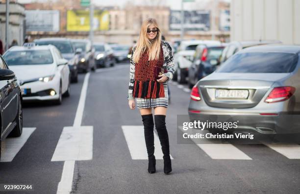 Xenia van der Woodsen wearing overknees boots seen outside Missoni during Milan Fashion Week Fall/Winter 2018/19 on February 24, 2018 in Milan, Italy.