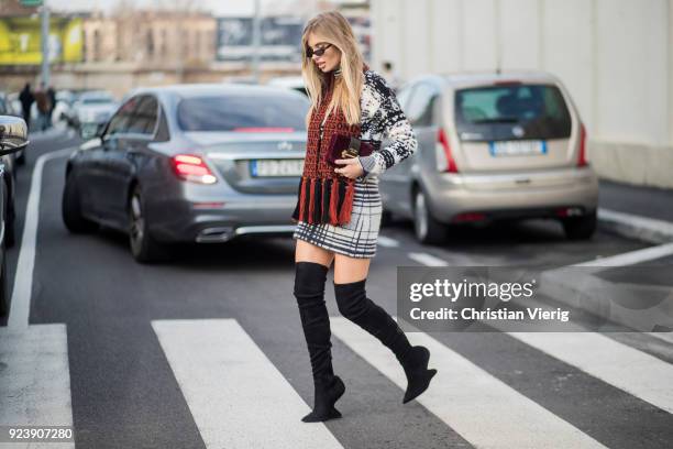 Xenia van der Woodsen wearing overknees boots seen outside Missoni during Milan Fashion Week Fall/Winter 2018/19 on February 24, 2018 in Milan, Italy.