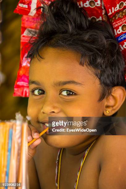 Portrait of a local girl child on February 22, 2014 in Pinnawela, Sri Lanka.