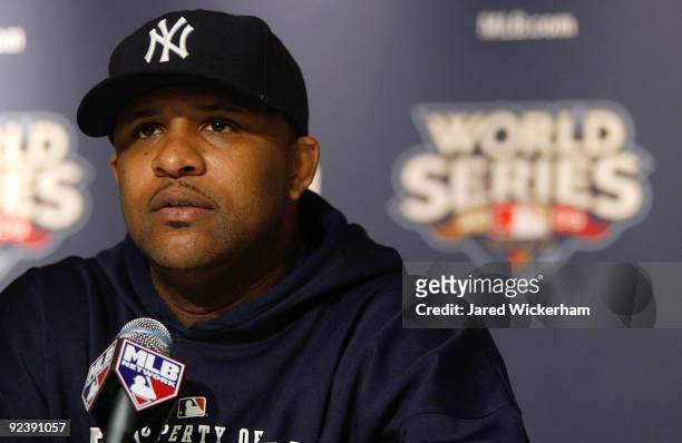 Sabathia of the New York Yankees talks at a press conference after World Series workouts on October 27, 2009 at Yankee Stadium in the Bronx borough...