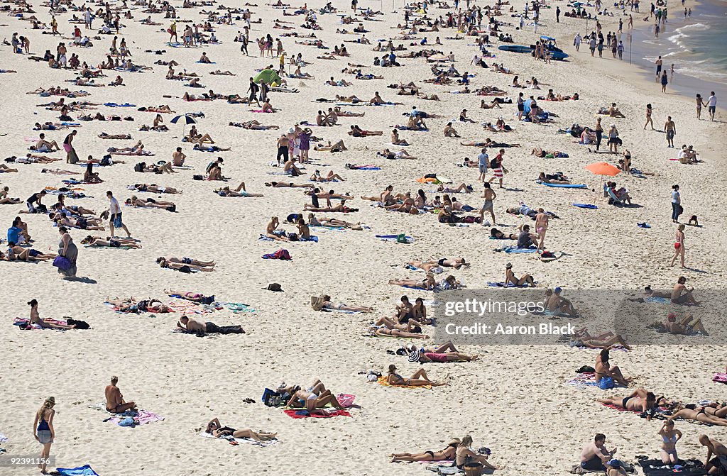 Crowded white sand beach at high noon
