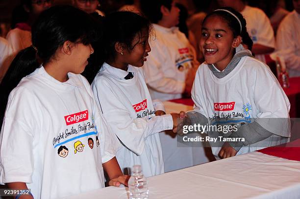 Juan Ponce De Leon School students attend the Colgate Oral Health Festival at the Radisson Martinique on October 27, 2009 in New York City.