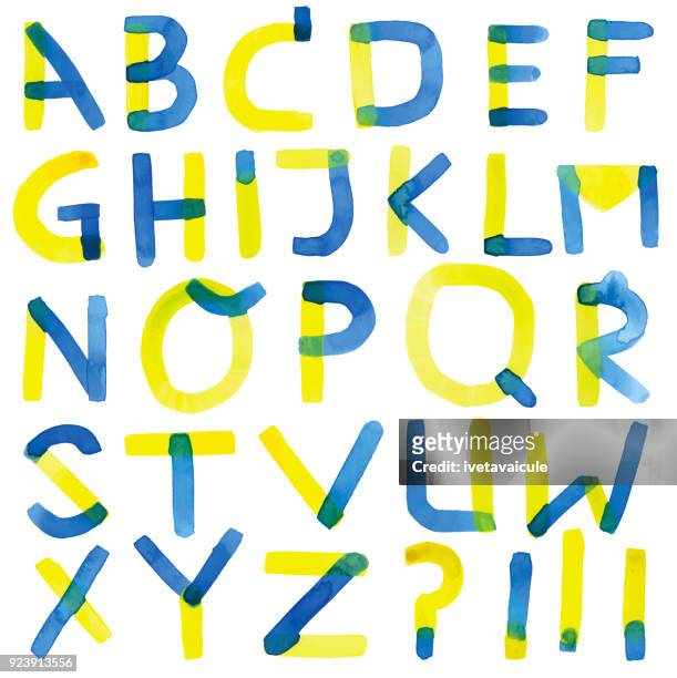 blue and yellow watercolour alphabet letters - kreativität stock illustrations
