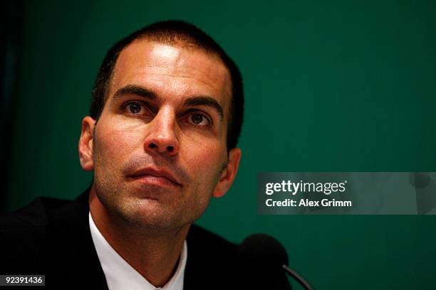 Head coach Markus Babbel of Stuttgart reacts the press conference after the DFB Cup match between SpVgg Greuther Fuerth and VfB Stuttgart at the...