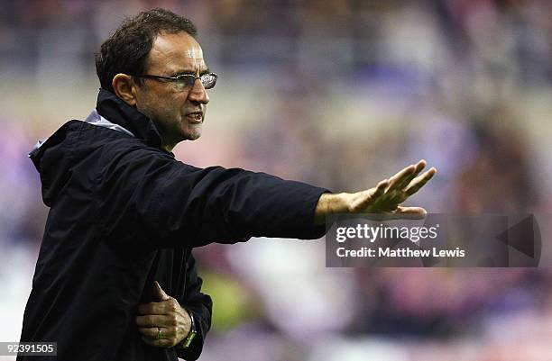 Martin O'Neill, manager of Aston Villa gives out instructions during the Carling Cup 4th Round match between Sunderland and Aston Villa at the...