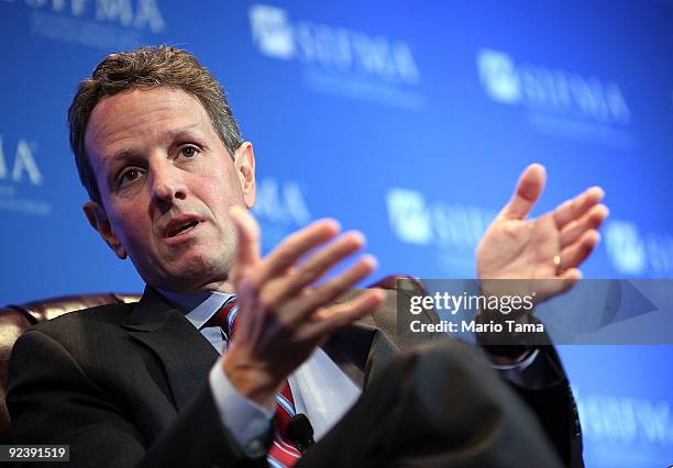 Treasury Secretary Timothy Geithner is interviewed by Charlie Rose at the Securities Industry and Financial Markets Association annual meeting...