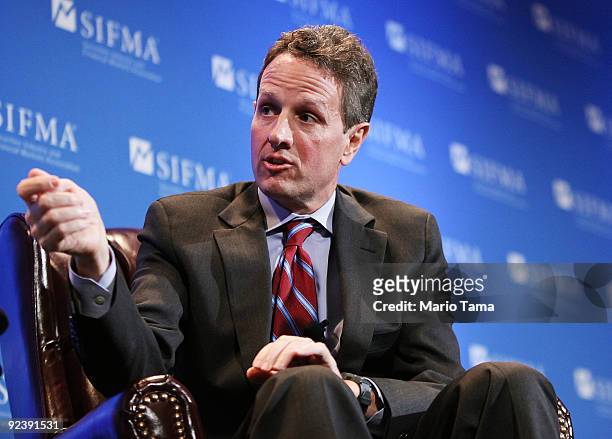 Treasury Secretary Timothy Geithner is interviewed by Charlie Rose at the Securities Industry and Financial Markets Association annual meeting...