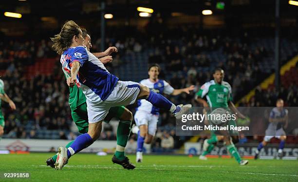 Michel Salgado of Blackburn scores to make it 3-2 during the Carling Cup 4th Round match between Blackburn Rovers and Peterborough United at Ewood...