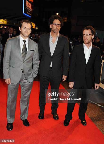 Michael Stuhlbarg with Joel and Ethan Coen arrive at the premiere of 'A Serious Man' during the Times BFI London Film Festival, at the Vue Cinema...