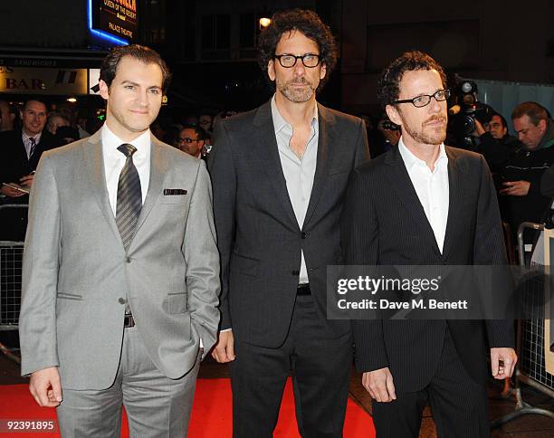 Michael Stuhlbarg with Joel and Ethan Coen arrive at the premiere of 'A Serious Man' during the Times BFI London Film Festival, at the Vue Cinema...