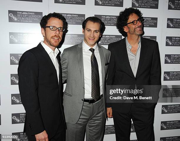 Ethan Coen, Michael Stuhlbarg and Joel Coen arrive at the premiere of 'A Serious Man' during the Times BFI London Film Festival, at the Vue Cinema...