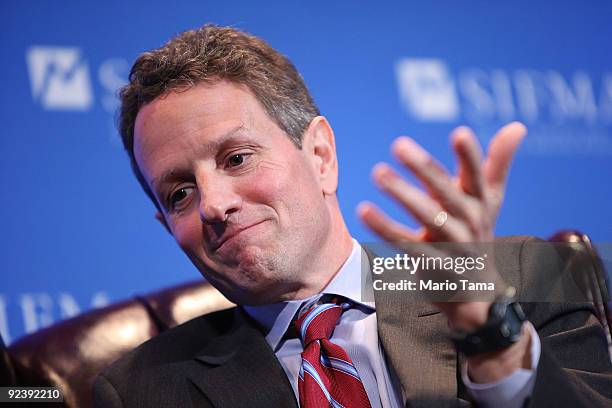 Treasury Secretary Timothy Geithner is interviewed by Charlie Rose at the Securities Industry and Financial Markets Association annual meeting...