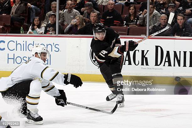 Joffrey Lupul of the Anaheim Ducks shoots the puck against the Dallas Stars during the game on October 21, 2009 at Honda Center in Anaheim,...