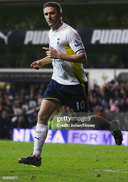 Robbie Keane of Spurs celebrates scoring his teams second goal during the Carling Cup 4th Round match between Tottenham Hotspur and Everton at White...