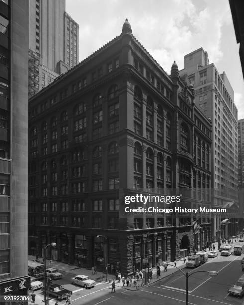 Exterior view of the Rookery Building at 209 South LaSalle Street, on the corner of La Salle and Adams streets in the Loop community of Chicago,...