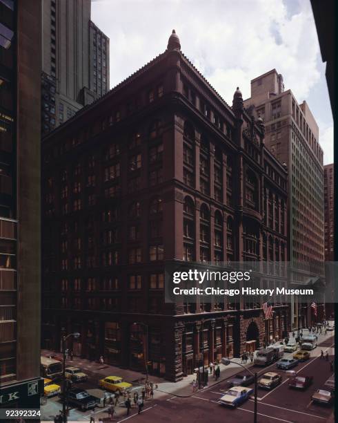 Exterior view of the Rookery Building at 209 South LaSalle Street, on the corner of La Salle and Adams streets in the Loop community of Chicago,...