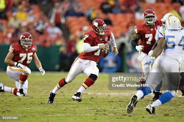 Matt Cassel of the Kansas City Chiefs runs with the ball against the San Diego Chargers at Arrowhead Stadium on October 25, 2009 in Kansas City,...